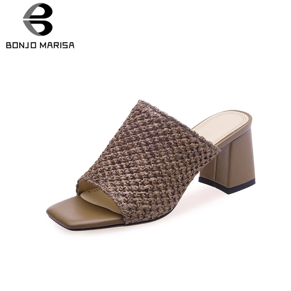 

BONJOMARISA 2019 New Concise Cane Weave Mules Shoes Women Summer High Heels Slippers Women Shoes Woman Large Size 32-42