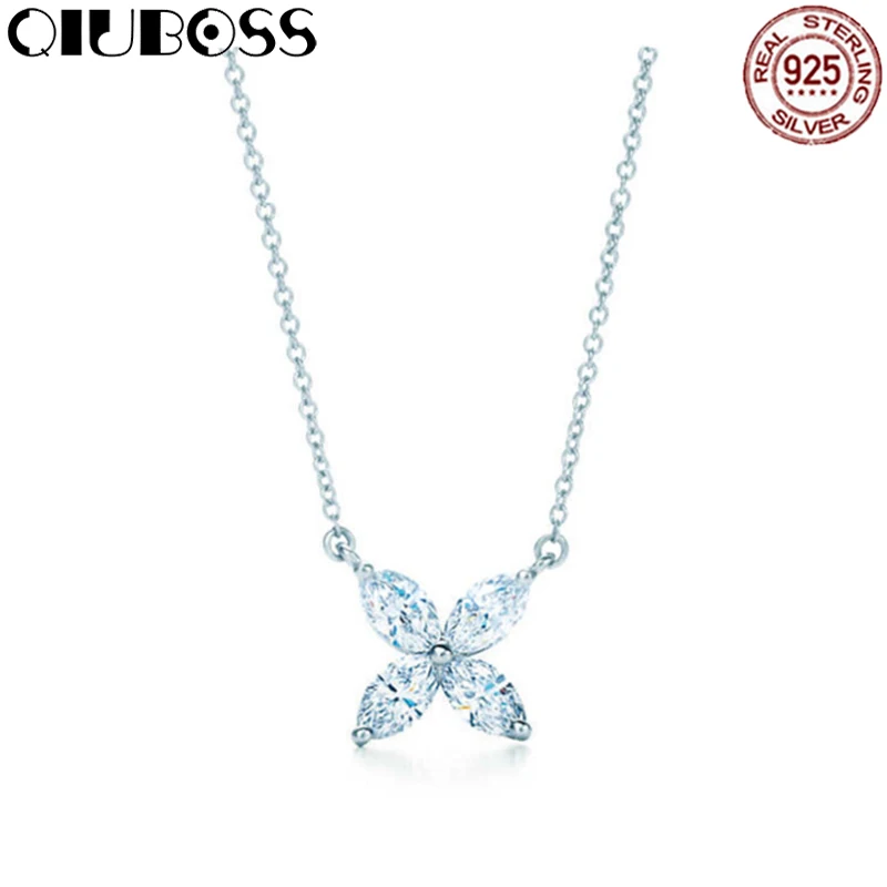 

QIUBOSS TIFF 925 Sterling Silver New 1:1 Genuine Clover Cubic Zirconia Necklace Appropriate Gift Valentine Necklace