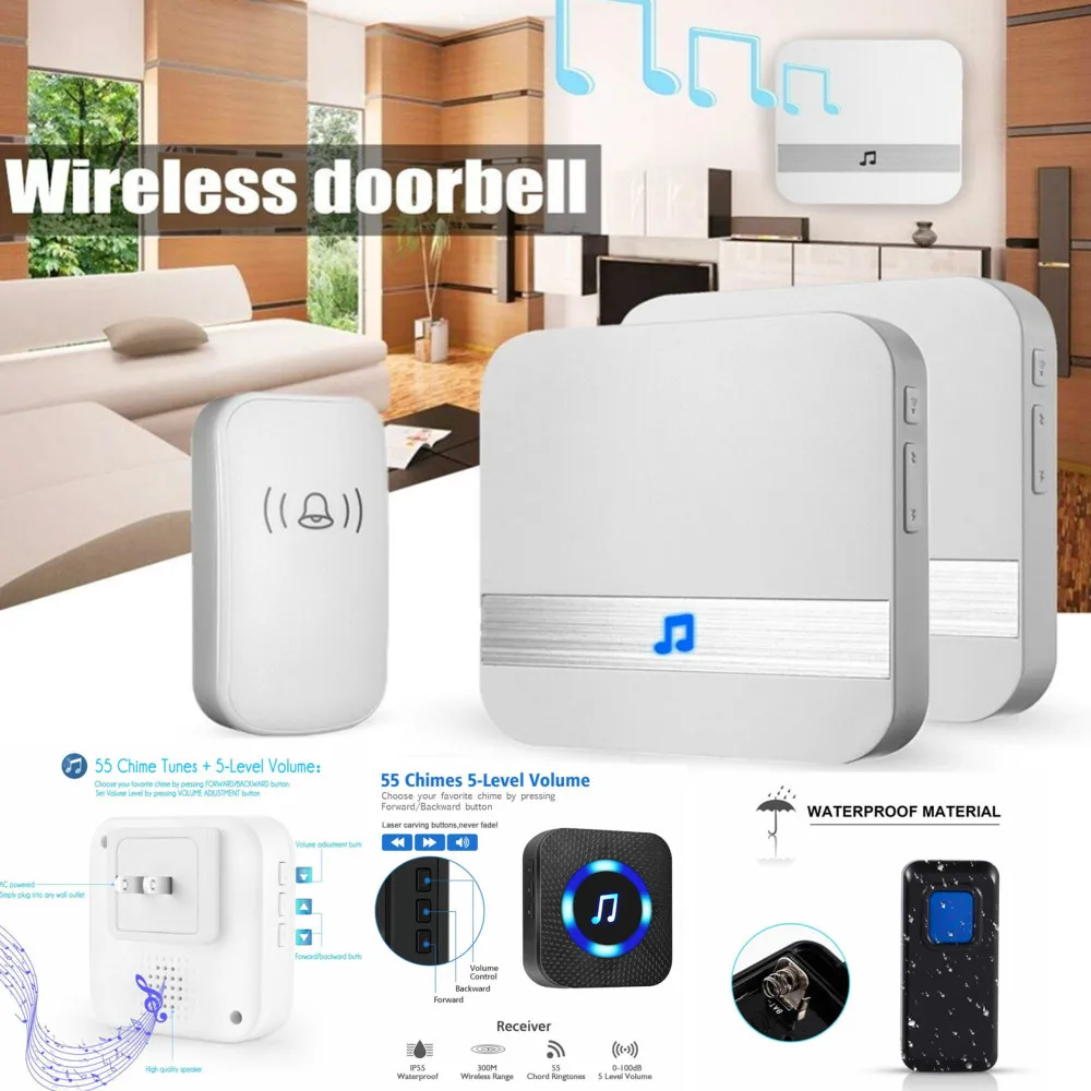 

Dropship Hot Wireless Door Bell Waterproof Plug in Cordless Doorbell LED Flash Smart Chime Ring Included 1 2 Button 1 2 Receiver