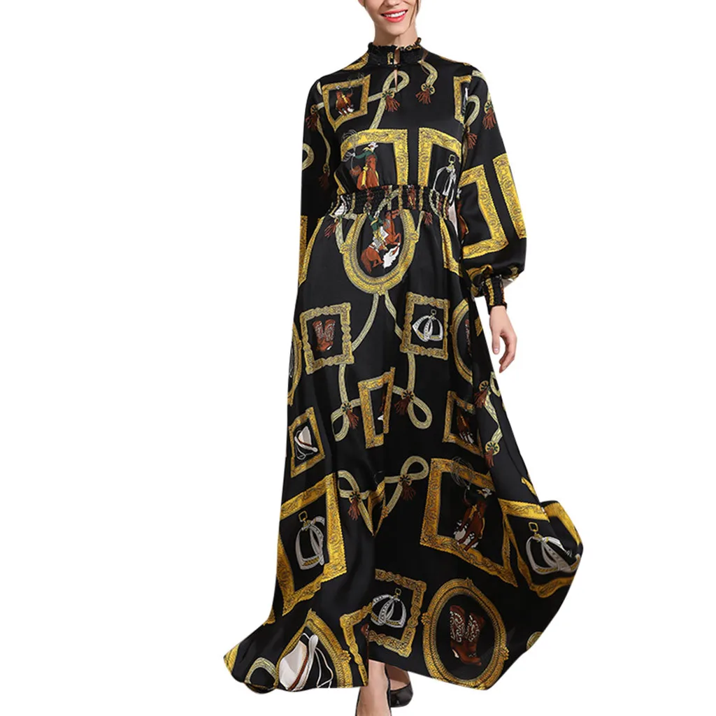 

muslim women dress turkish abaya Simple Retro Print Slim Elastic Waist Silk Long muslim dress women ramadan kaftan#G6