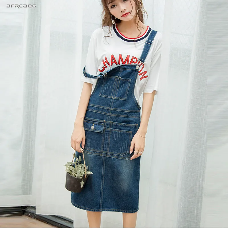 

Blue Women Suspender Jeans Skirt Long 2019 Summer Fashion Plus Size Strap Denim Pencil Skirts With Pockets Female Overalls 3XL
