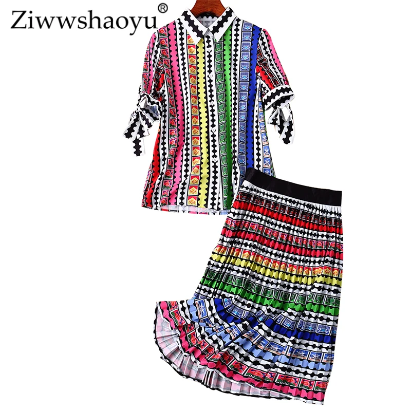 

Ziwwshaoyu Fashion Print Sets Turn-down Collar Bow Top + Draped Big pendulum skirt Set Spring and summer new women's