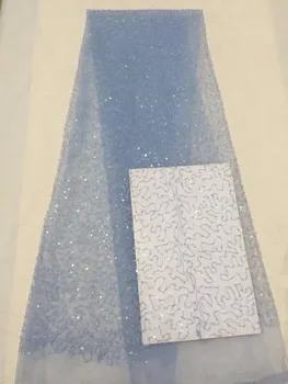 

African Tulle Lace Fabric 2018 African French Lace Fabric High Quality Sky Blue Sequins Beaded Embroidery Tulle French Lace