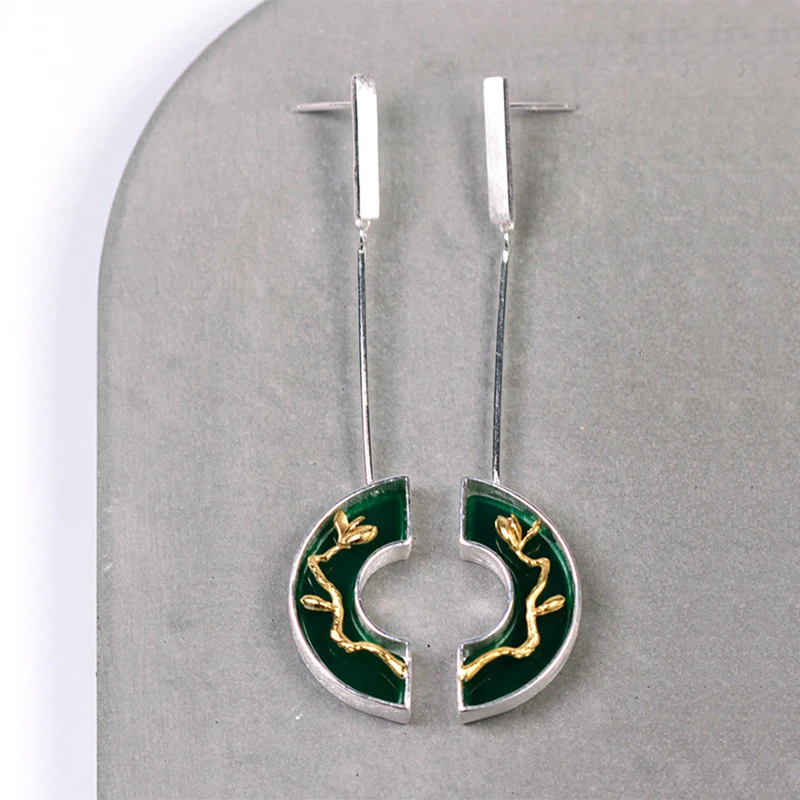Lotus Fun 925 Sterling Silver Earrings for Women Wedding Earings Fashion Jewelry 2018 Green Agate Stone Leaf Dangle Drop Earring