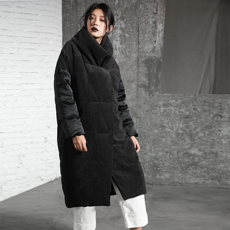 

Original Design 2018 corduroy patchwork white duck down jacket stand collar loose long winter coat women