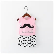 Коллекция года, летний комплект из 2 предметов в Корейском стиле, детская одежда, футболка с усами для девочек, майка шорты с оборками крутой костюм