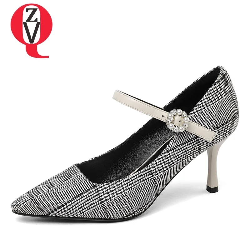 

ZVQ hot sale newest pointed toe high thin heels patent leather two colors buckle pearl decoration spring outside ladies pumps