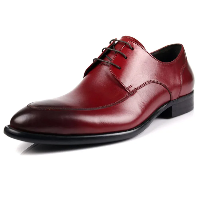 2017 New Luxurious Genuine Leather Mens Dress Business Wedding Oxfords Pointed Toe Office & Career Men's Sapatos Shoes Wine Red