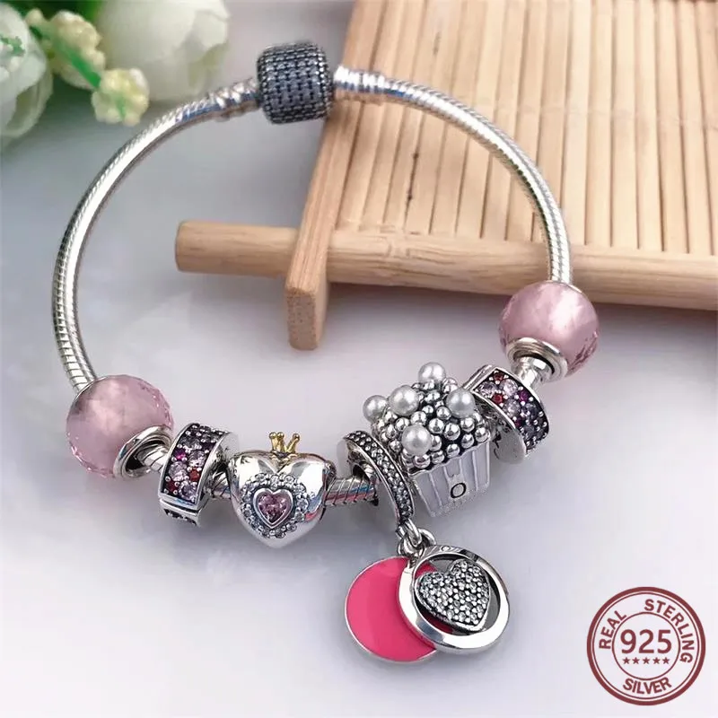 

Pink series Summer Sweet Bracelet with Heart charm 100% 925 sterling silver original Luxury jewelry for gift friend original