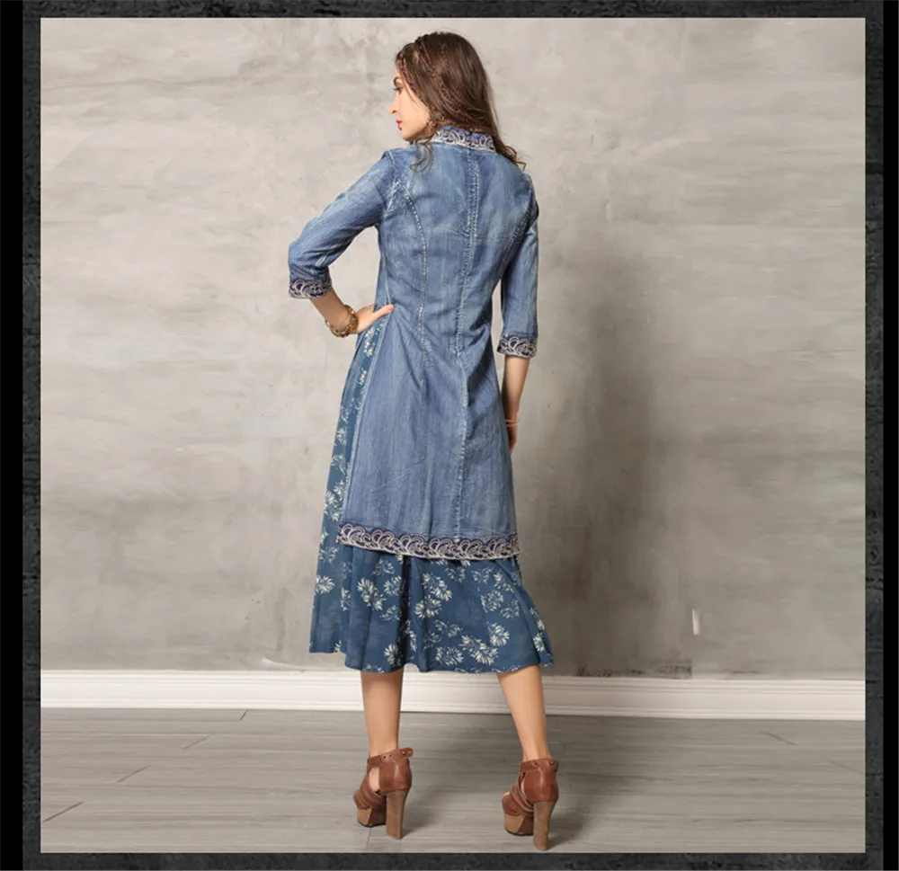 Vintage Cheongsam Summer Dress 2019 Denim Women Dresses Mandarin Collar 34 Sleeve Flower Embroidery Dress A82136 Vestidos (17)