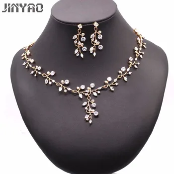 

JINYAO Fashion Bride Jewelry Set for Women Champagne Gold Color Flowers White Zircon Necklace Earrings Wedding Party Set