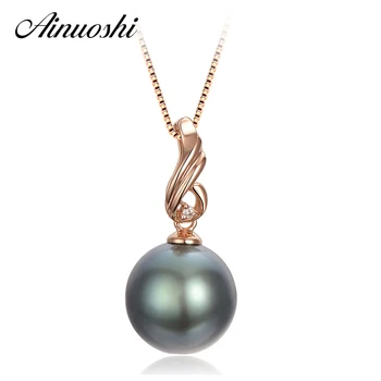 

AINUOSHI 925 Sterling Silver Rose Gold Color Necklace Pendants Black Cultured Pearl Tahiti 10mm Round Pearl Women Pendants