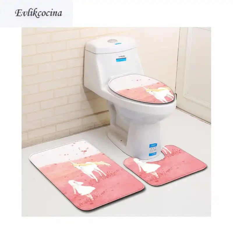 Free Shipping 3pcs Unicorn Playing Banyo Bathroom Carpet U Toilet