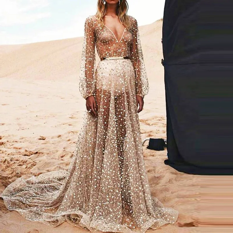 

Shiny Mesh Women Sequined Mesh Maxi Dress Sexy V-neck Hollow Out Backless Gown Dresses Woman Party Club Full Sleeve Vestidos