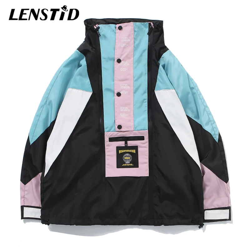 LENSTID Harajuku Jacket Men Hip Hop Streetwear Retro Jacket Windbreaker Pocket Autumn 2019 Vintage Color Block Track Jacket Coat