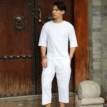 

Free shipping summer men's large size Linen Three Quarter t shirt casual o-neck two-piece sets t shirts suits 8xl 9XL hip hop