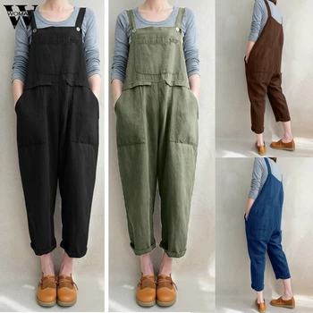 

Womail bodysuit Women Summer Sleeveless Dungarees Loose Cotton Linen Long Playsuit Jumpsuit Plausuit plus size 2020 M1