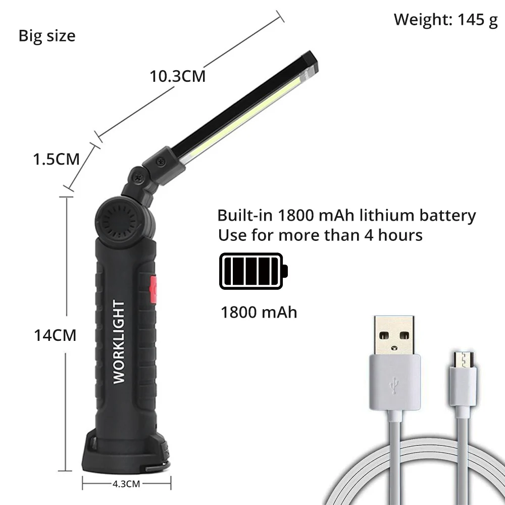 USB Перезаряжаемый COB светодиодный светильник-вспышка рабочий светильник инспекционный светильник 5 режимов задний магнит дизайн подвесной фонарь 2 размера водонепроницаемый - Испускаемый цвет: Big size