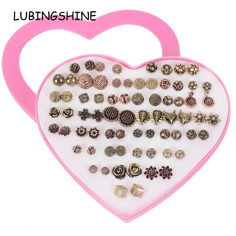 

36pairs/lot Vintage Women Fox Heart Flower Small Stud Earrings Sets With Heart Gift Box Child Gold Silver Color Earring Jewelry