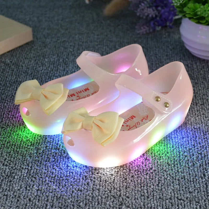 leather girl in boots MERI AMMI Kid LED colorful sandals mini shoe PVC soft outsole children girls boys bow shoes Factory Sales bata children's sandals