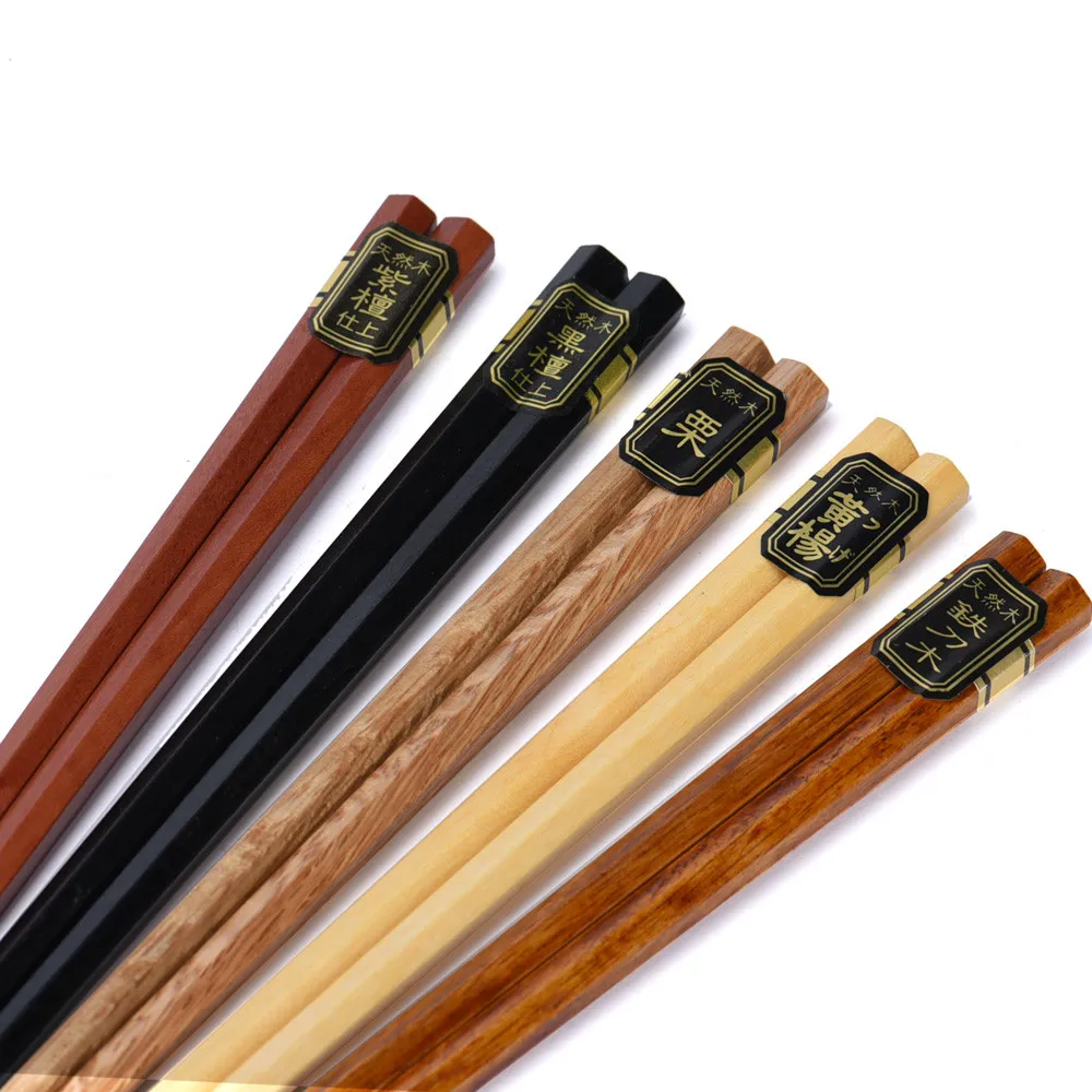 Palillos de madera de estilo japonés, palillos de haya Natural reutilizables, vajilla, herramienta de fideos de Pizza, juego chino, 5 pares