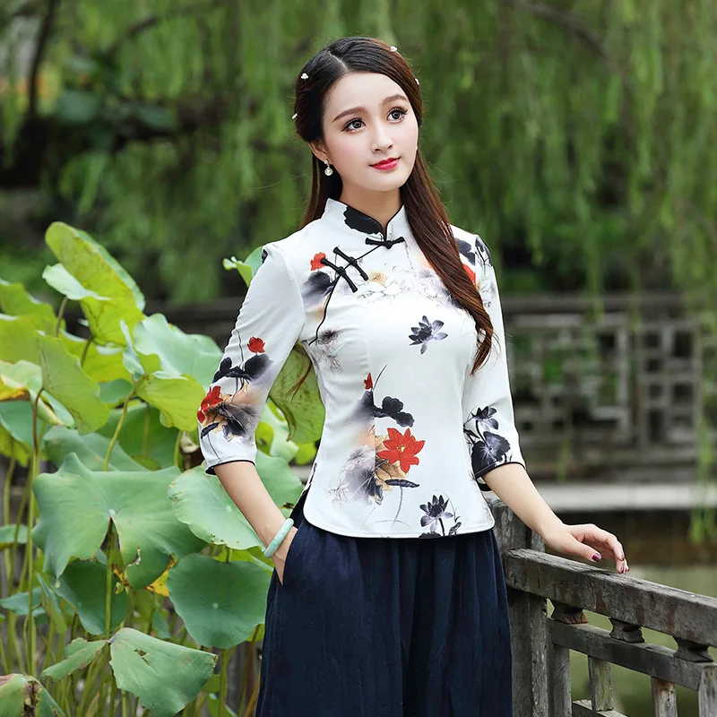 

Bamboo Cotton Linen Tang Suit Top Vintage Slanting Stand Collar 2018 Traditional Chinese Three Quarter Sleeve Blouse 3XL