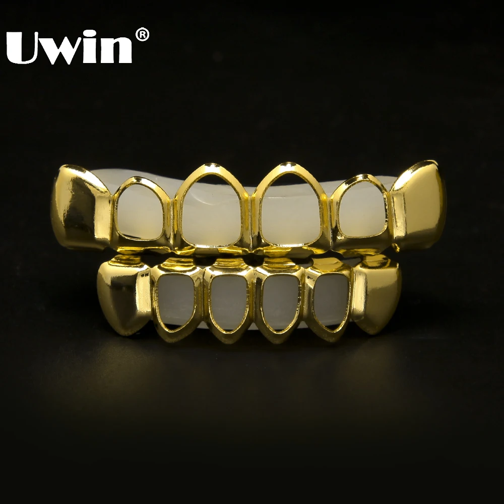 

Gold Color Bottom Lower Teeth Four Open Face Tooth Grills Top and Bottom Teeth Set Silver And Gold Tone Hip Hop Grills Set