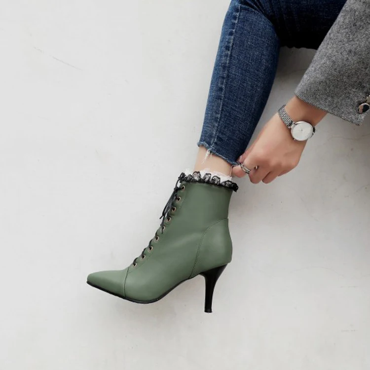 

Big Size 11 12 13 14 15 16 17Martin boots with pointed slim high heel side zipper lace, color matching, short barrel cross strap