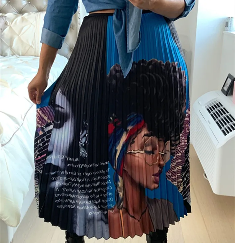 

2019 New Women Vintage Cartoon Print Sexy High Waist Mid-Calf Length Pleated Skirts Casual Skirt Active Wear Plus Size S-XXXL