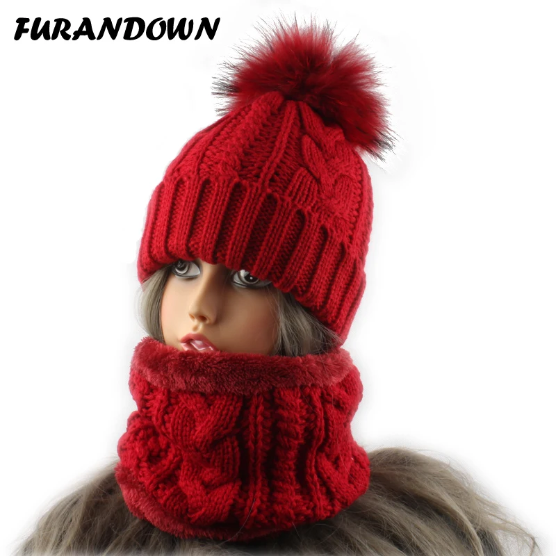 Winter Fleece Inside Warm Scarf Hat For Women Real Fur Pompom Beanie Twist Knitted Hat And Scarf Set