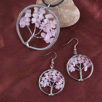 

Trendy-beads Silver Plated Natural Rose Pink Quartz Tree of Life Round Pendant Dangle Earrings For Women Jewelry