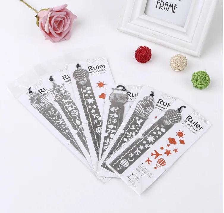 

300 pcs ruler Bookmarks Hot Air Balloon Carousels Multifunction Metal Rulers With Lanyard Creative Stationery