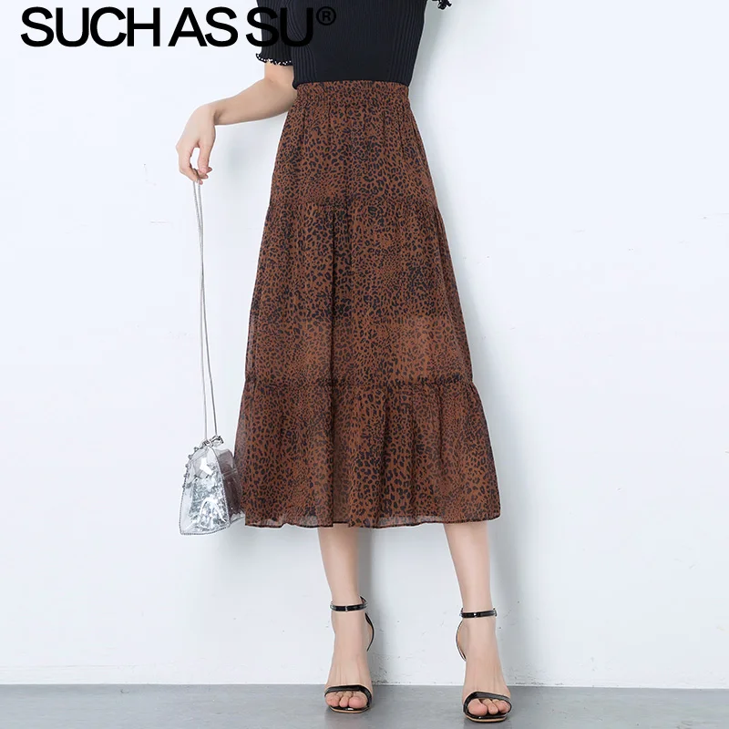 

New 2019 Summer Korean Chiffon Speck Skirts Womens White Yellow Elastic High Waist Midi Skirt M-XL Print Pleated Skirt