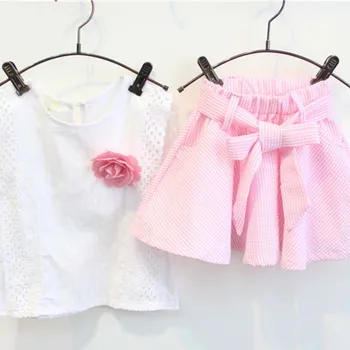 

Summer Girl Clothing Set Sleeveless T-shirt Flower Top Pocket Plaid Short Skirt Belt Kids Clothes M09