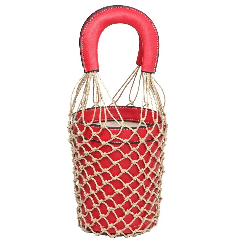 Women Net Bag Bucket Handbags Fashion Hollow Out Leather Tote Summer Travel Beach Bag Female Hand Bags