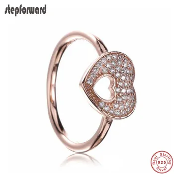 

Gold color New Arrival Beautiful Pink Gold CZ Paving Love Heart 925 Real Silver Ring