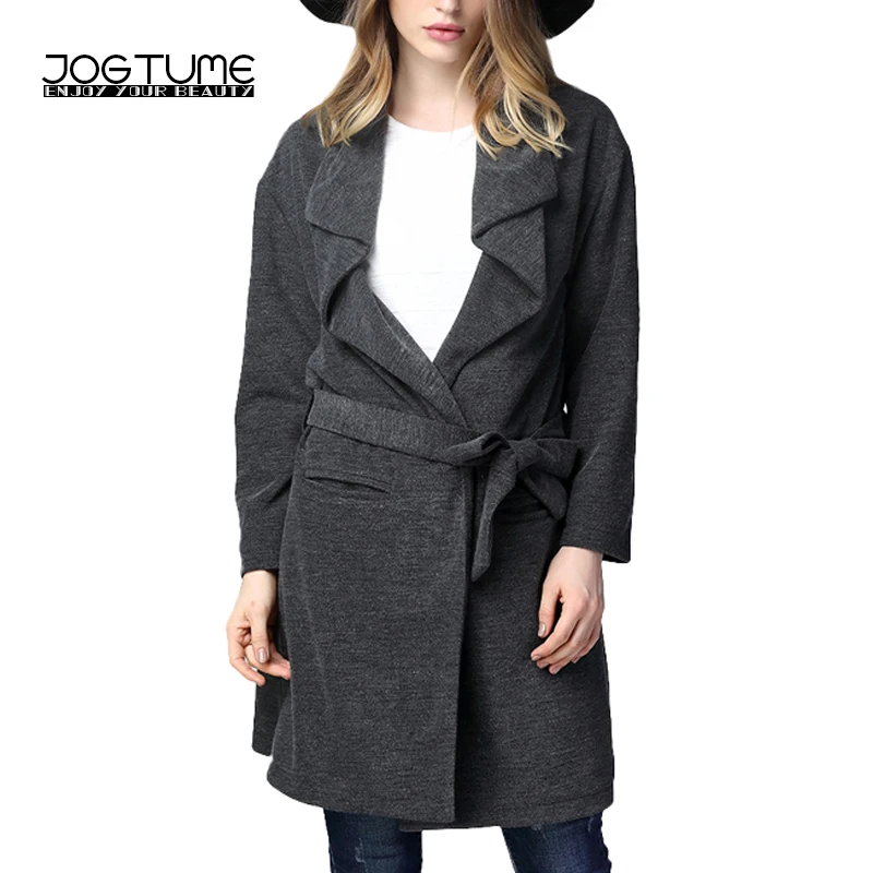 JOGTUME 2017 New Autumn Trench Coat for Women Gray Loose Long Overcoat