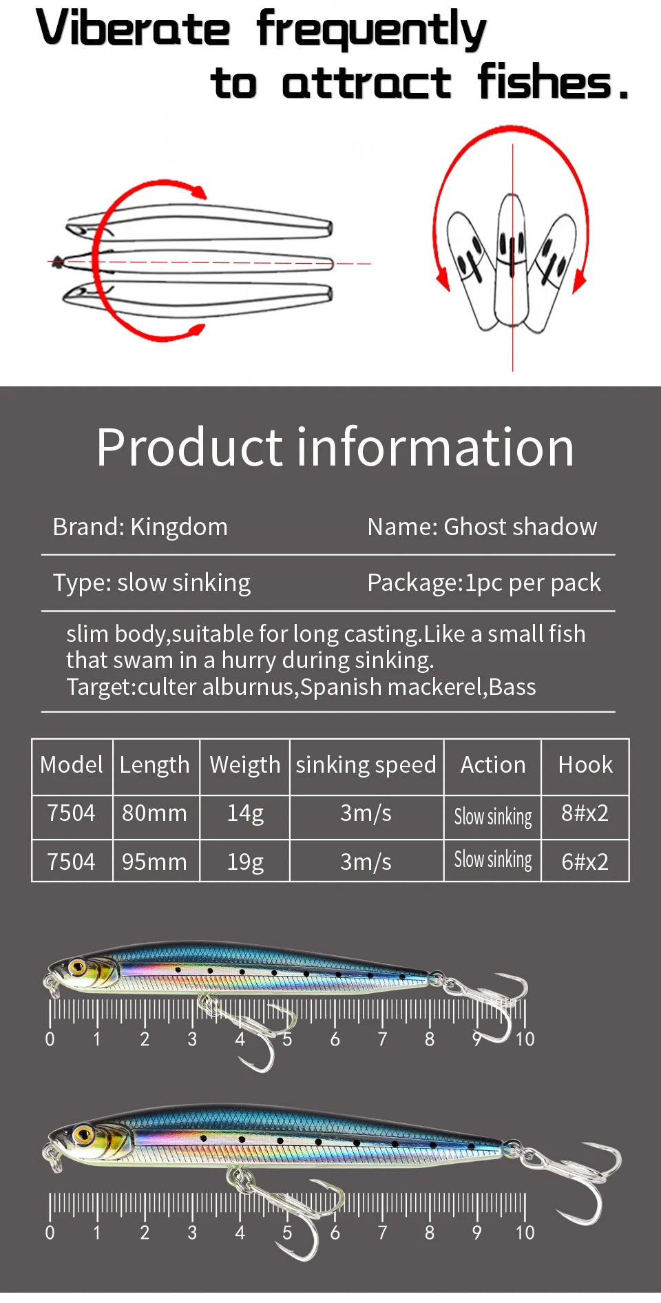 Kingdom Sea Fishing Lures Slow Sinking Pencil 14g 80mm  19g 95mm Hard Baits VMC Hooks Bass Fishing Bait Model 7504 (3)