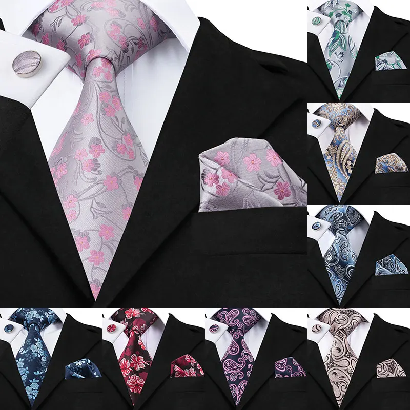

2018 Fashion Gray Pink Floral 8.5cm Width Tie Hanky Cufflinks Sets Men's Silk Ties for men Formal Wedding Party C-1049
