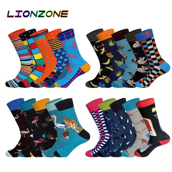 

LIONZONE 5Pairs/lot 2018 New Brand Cotton Socks Men MutiColors British Style StreetWear Designer Happy Socks Funny with Gift Box