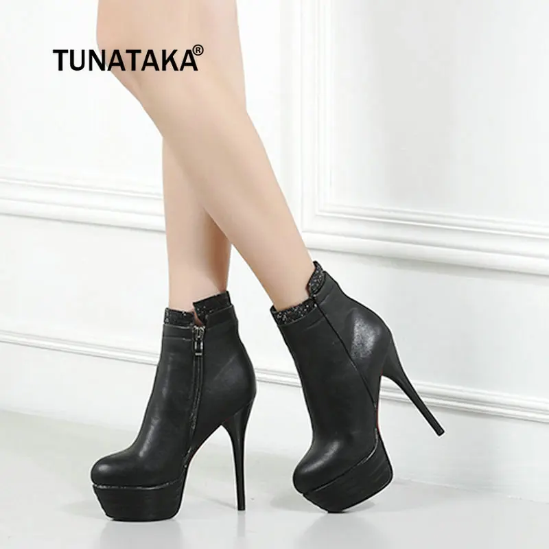 

Women Fashion Thin High Heel Ankle Boots Platform Side Zipper Winter Plus Size Woman Shoes Brown Red Black