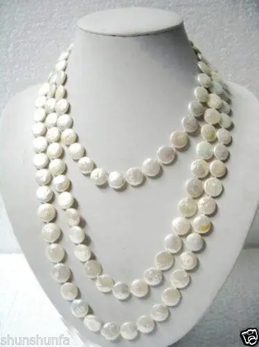 

A Beautiful 11-12mm White Natural freshwater Coin pearls tie Necklace Long 65