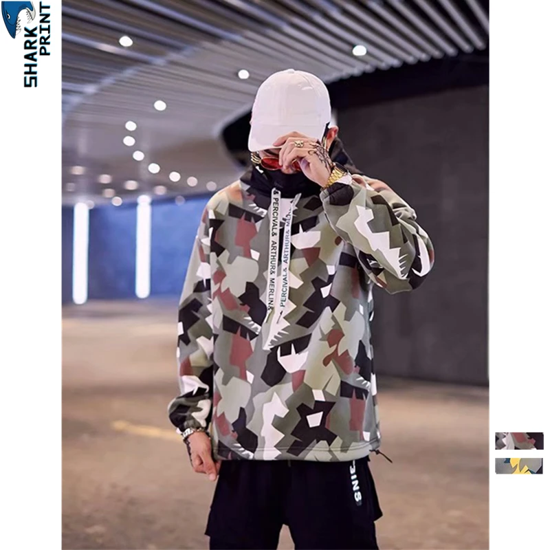 SharkPrint Oversize Fashion Men Women Wind Coat Hoodie Couples Camouflage Fatigues HipHop Street Style Jacket Winter Autumn Coat