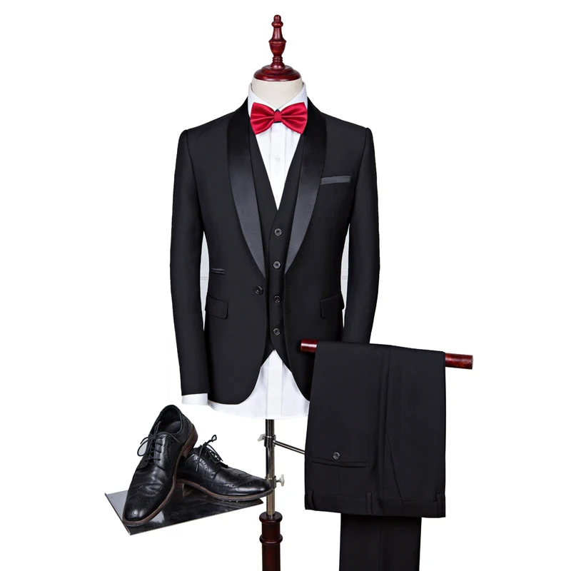 Fashion Black Men Wedding Suits Blazer Masculino Shawl Lapel 3 Pieces Slim Fit High quality Suits Groom Prom Costume homme
