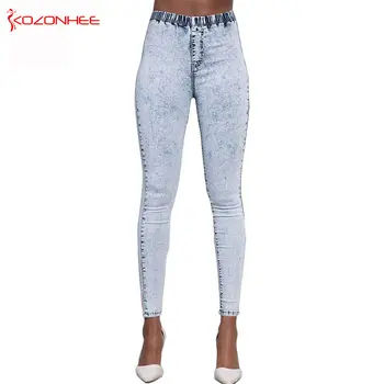 Snowflake Skinny Stretching Jeans Women With Elastic Waist Pencil Jeans Stretch Female Narrow Pencil Thin Slim Pants large size newspapers pattern narrow feet jeans