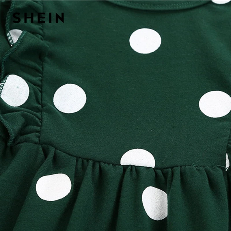 SHEIN зеленый горох печати рюшами Вечерние платья Одежда для маленьких девочек Весна Корейская Высокая талия длинный рукав повседневное мини платье