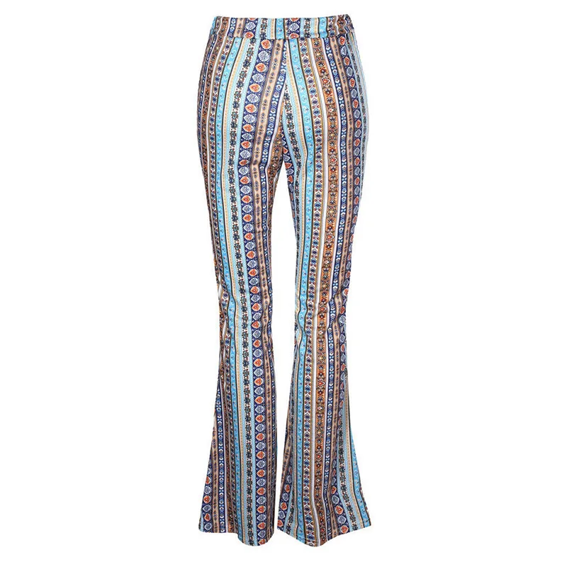 2018 Boho Women Striped Printed  Hippie Pants Flare Pants High Elastic Waist Vintage Stretch Ethnic Style Bell Bottom Trousers