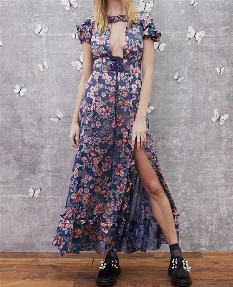 Женское платье макси с цветочным принтом и глубоким вырезом, с корсетом, шнуровкой на талии, Ягодное цветочное соблазнительное платье