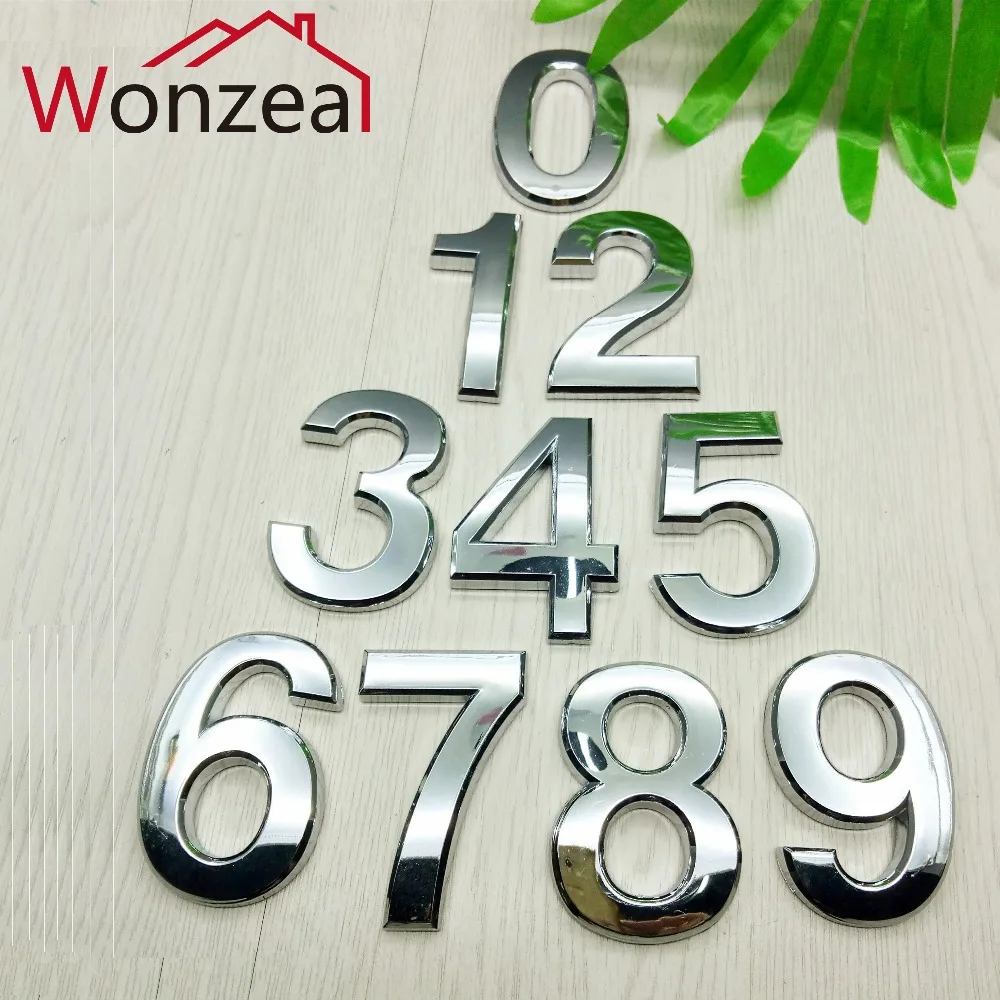

70mm 0123456789ABCDEF Wonzeal Modern Silver Plaque Number House Hotel Door Address Digits Sticker Plate Sign ABS plastic