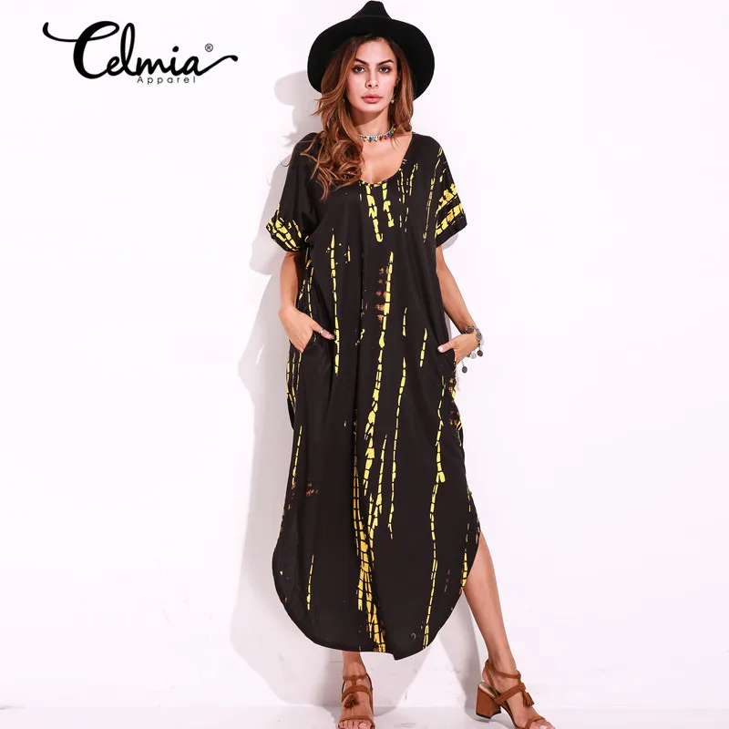 2018 Tie Dye Print Women Long font b Dresses b font Split Side Loose Summer font
